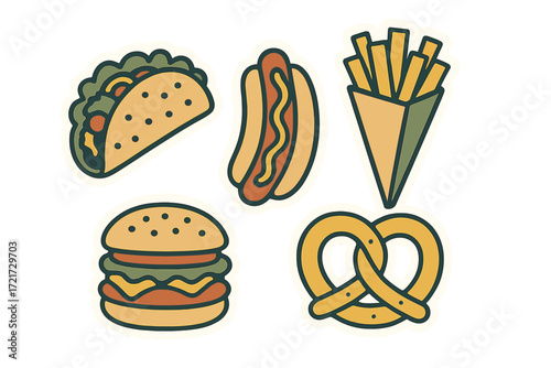 Colorful collection of popular fast food items including taco, hot dog, french fries, hamburger, and pretzel on a white background