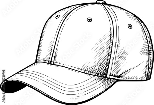 Intricate sketch of a classic baseball cap in grayscale with detailed shading. Vector illustration