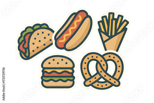Collection of popular fast food items including a hot dog, hamburger, taco, french fries, and pretzel