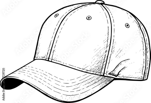 Intricate sketch of a classic baseball cap in grayscale with detailed shading. Vector illustration