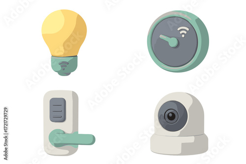 Smart home devices set including light bulb, thermostat, door lock, and security camera for modern living