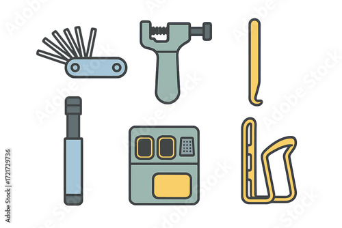 Essential bicycle repair tools and cycling accessories set including pump, chain breaker, tire levers, and patch kit