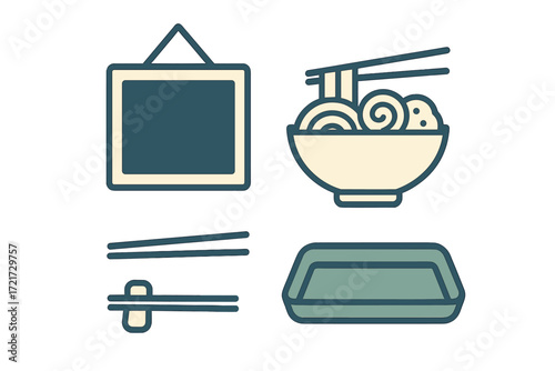 Collection of Asian food and restaurant icons featuring a noodle bowl, chopsticks, blank sign, and serving tray