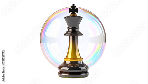 Gold and black chess king glows, sits isolated with a transparent bubble. Strategic game, product, posters.