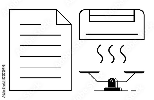 Document with text lines, printer emitting hot papers, and scale symbolizing workflow, productivity, balance, and choices. Ideal for efficiency, decision-making, office tasks work balance
