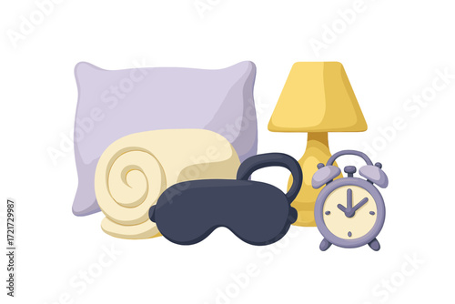 Essential objects for a peaceful night's sleep and morning routine featuring a pillow blanket mask lamp and alarm clock