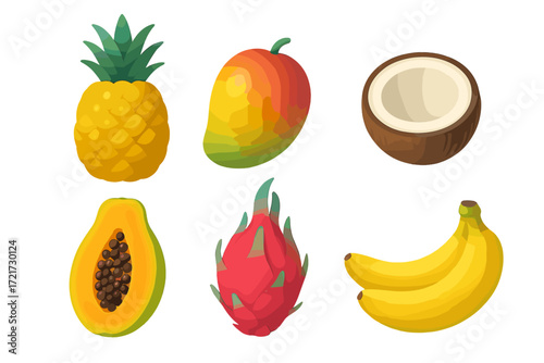 Vibrant tropical fruit collection with fresh pineapple, mango, coconut, papaya, dragon fruit, and ripe bananas