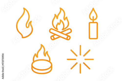 Modern orange gradient outline icons depicting various forms of fire, light, heat, and energy sources