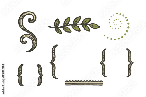 Vintage decorative design elements with ornate flourishes, leafy branch, curly braces, and dotted spiral