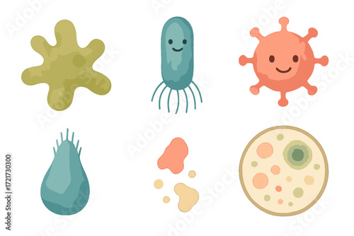 Adorable cartoon microorganisms set with various bacteria, virus, and germ shapes for health and science concepts