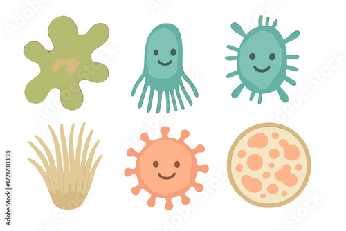 Cute microscopic organisms set with various bacteria, viruses, and amoeba shapes for biology and science concepts