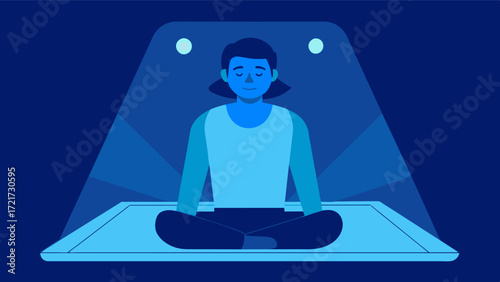 A person sitting in front of a interactive light therapy panel with a soft blue light shining onto their face. They have a relaxed expression and a sense of calmness can be seen on. Vector
