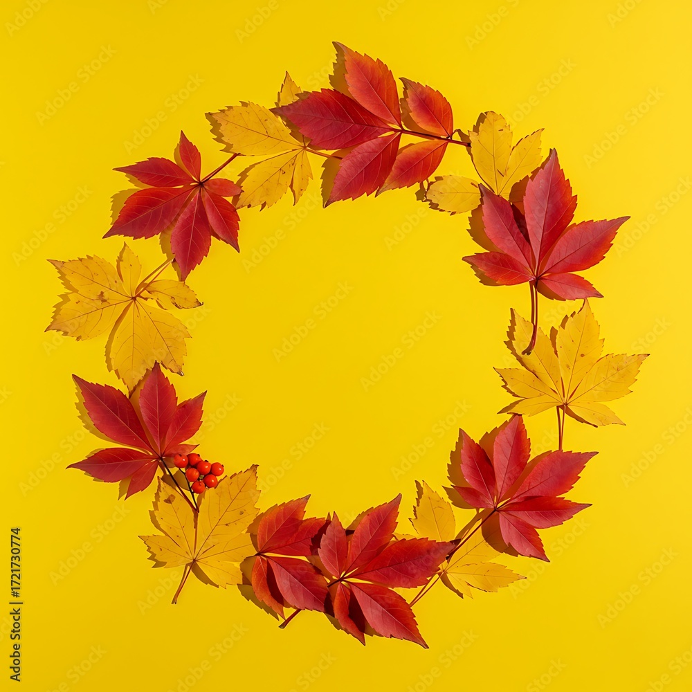 Fototapeta premium Creating Autumn Wreath Using Fall Leaves on Yellow Background