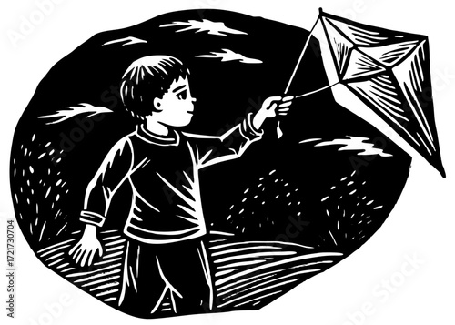 Boy Flying Kite Silhouette, Traditional Cultural Festival SVG, PNG