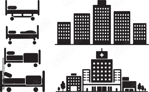 Hospital Bed Skyline Silhouettes Healthcare Facility Set Illustrations Vector Graphics