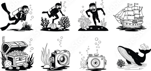 Underwater adventure illustration with scuba divers, treasure chest, whale, ship, cameras, coral reef, marine exploration, black and white ocean art
