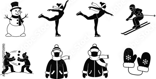 Winter illustration set, snowman, figure skating, skiing, snowball fight, coat, mittens, seasonal activities, festive icons, black and white design