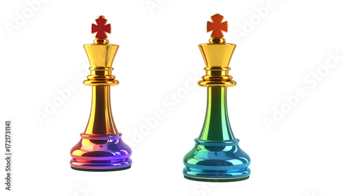 Chess kings shine with gold and rainbow gradients on a transparent background, ideal for branding and social media.