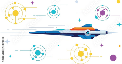 Futuristic spaceship soaring through a vibrant, abstract cosmic landscape with glowing nodes.
