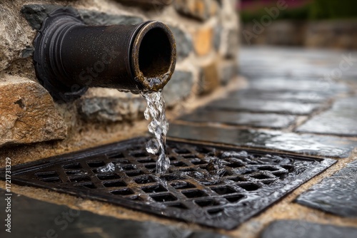 Water flowing from an old pipe into a metal drain cover on stone pavement