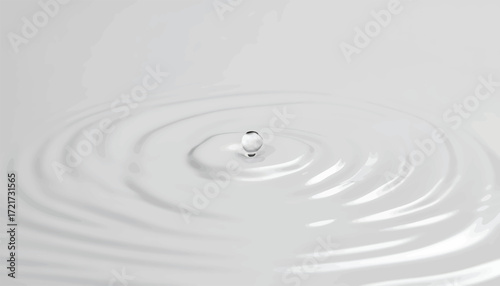 Captivating moment of a pristine liquid drop impacting a serene white surface, generating elegant concentric ripples and a mesmerizing splash effect