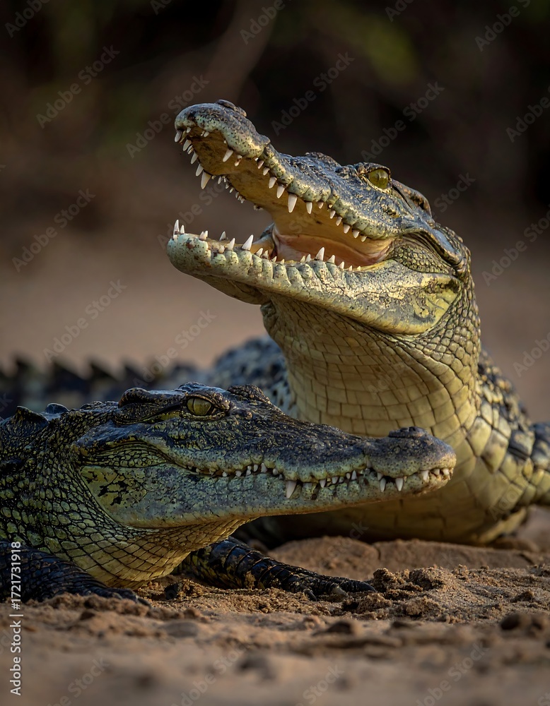 Fototapeta premium Two crocodiles resting on sand, mouths agape