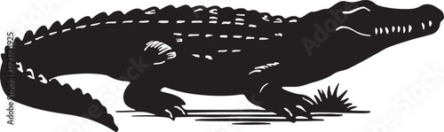 Silhouette of a fearsome prehistoric crocodile or alligator with sharp teeth and spiky scales standing on land with grass