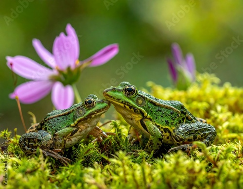 Two frogs on moss, near pink flower