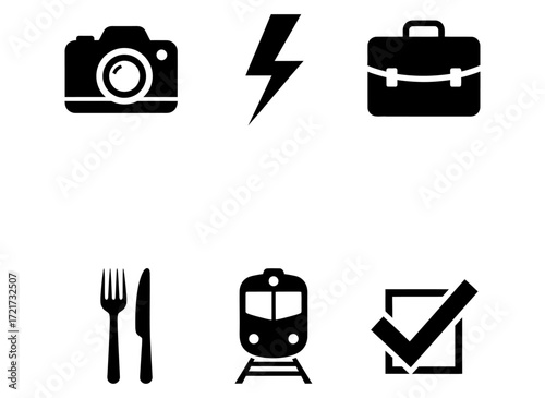 Essential Icon Set Camera, Lightning, Briefcase, Food, Train, Checklist