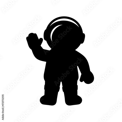 Astronaut waving black silhouette space icon-Black silhouette of an astronaut in a spacesuit waving hand, symbolizing space exploration, science, discovery, and cosmic adventure.
