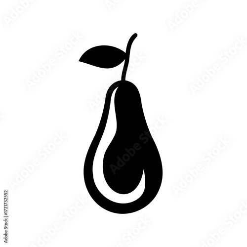 Pear fruit black silhouette simple illustration-Black silhouette of a pear with a leaf, symbolizing fruit, healthy food, nutrition, freshness, and decorative natural design.
