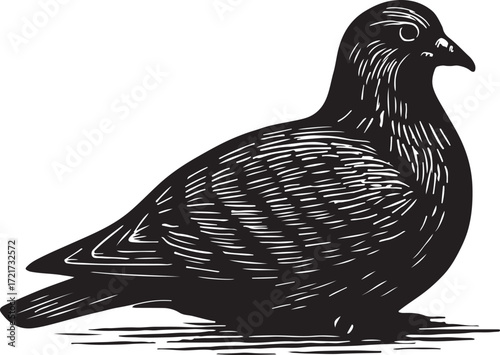 Detailed black and white woodcut illustration of a plump pigeon bird sitting calmly on a white background