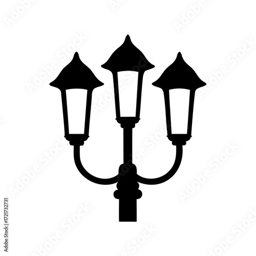 Street lamp post black silhouette illustration-Black silhouette of a three-headed street lamp post, symbolizing outdoor lighting, urban design, vintage style, and classic decorative element.
