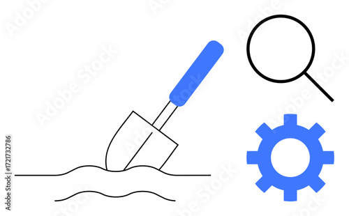 Shovel digging into ground, magnifying glass signifying search, gear symbolizing process and efficiency. Ideal for research, progress, analysis, problem-solving, innovation, investigation growth