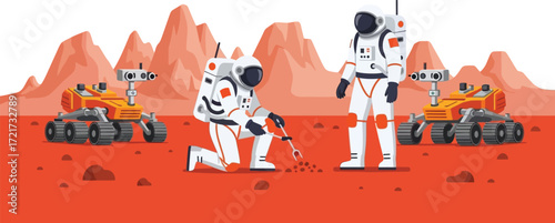 Astronauts explore the Martian surface with rovers, investigating the red planet's terrain.