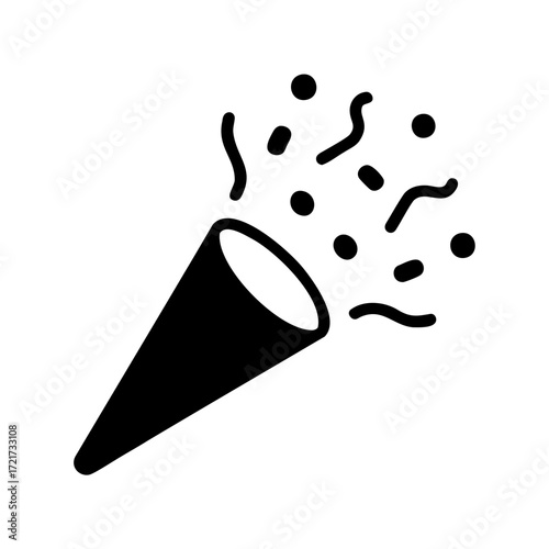 Silhouette of a party popper-Black silhouette of a party popper cone with confetti and streamers bursting out, symbolizing celebration, joy, and festivities.

