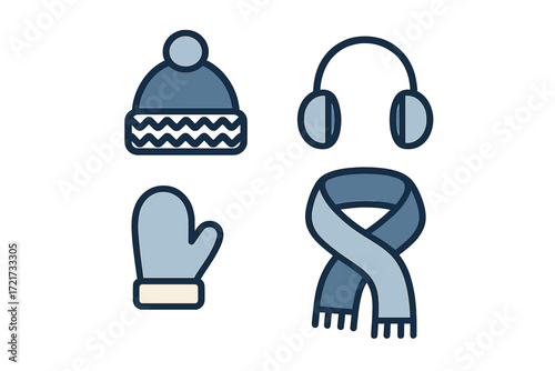 Warm winter apparel accessories set including knitted hat, protective earmuffs, cozy mitten, and stylish scarf
