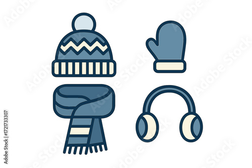 Essential winter clothing accessories set with beanie hat, warm scarf, cozy mitten, and earmuffs for cold weather protection