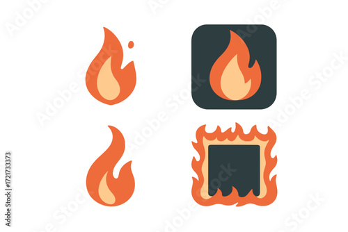 Diverse collection of stylized fire symbols, burning flame icons, and decorative fiery frames for graphic design projects
