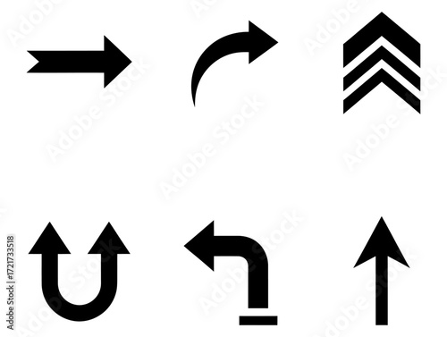 Six black arrow design element set in a flat design style, a direction vector icon collection