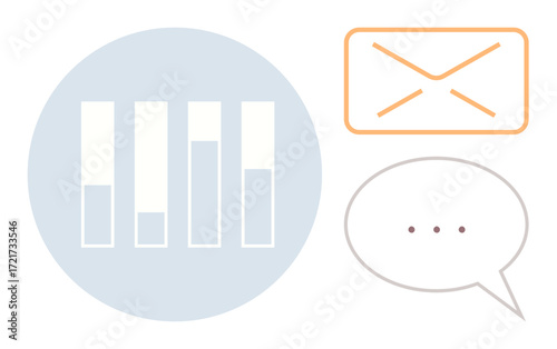 Simplified bar chart in circle, envelop for messaging, and speech bubble with ellipsis. Ideal for communication, analysis, discussion, feedback, teamwork progress and decision-making. A simple flat