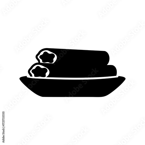 Silhouette of food rolls served on plate-Black silhouette of two rolled foods on a plate, symbolizing cuisine, snacks, appetizers, Asian dishes, and delicious meal presentation.
