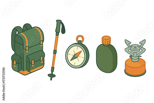 Essential camping and hiking gear set including backpack, trekking pole, compass, canteen, and portable stove for outdoor adventures