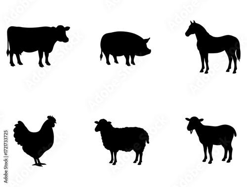 Set of farm animal silhouettes including a cow, pig, horse, chicken, sheep, and goat on a white background