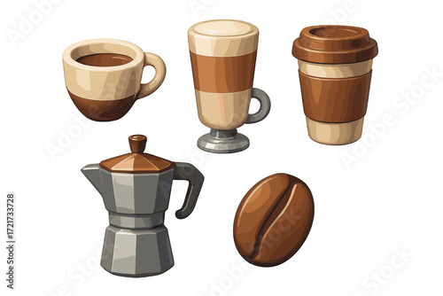 Stylized collection of coffee cups, latte glass, moka pot, and a single coffee bean for beverage concepts and cafe designs