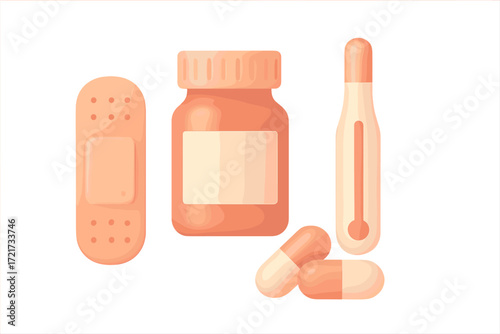 Essential medical supplies: bandage, pill bottle, thermometer, and capsules for health and wellness