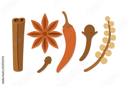 Assortment of aromatic cooking spices and herbs including cinnamon star anise chili cloves and peppercorns