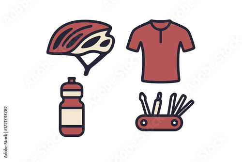 Essential cycling gear and accessories including helmet, jersey, water bottle, and multi-tool for bicycle enthusiasts