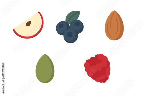 Collection of healthy food items including fresh fruits, delicious berries, crunchy nuts, and nutritious seeds