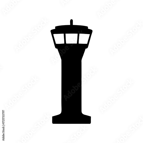 Airport control tower silhouette isolated icon-Black silhouette of an air traffic control tower, symbolizing aviation, flight safety, airport infrastructure, and travel industry operations.
